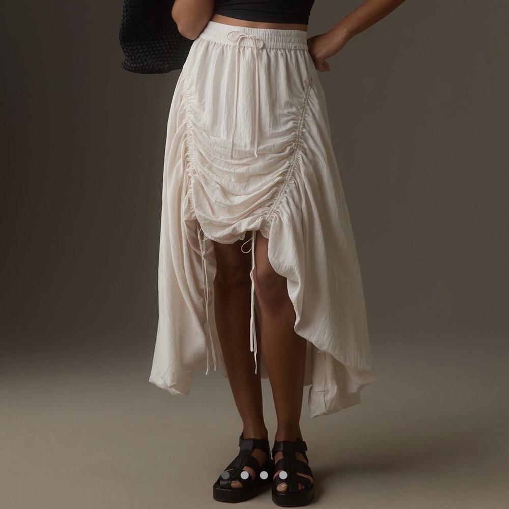 Anthropologie Cream Drawstring High-Low Ruched Skirt
